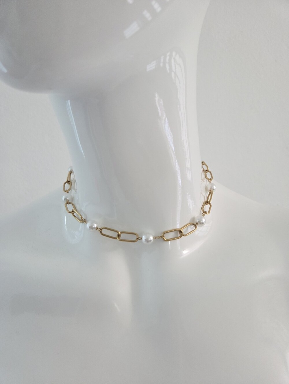 Gold Paperclip Chain Pearl Choker Necklace Link Womens Jewelry